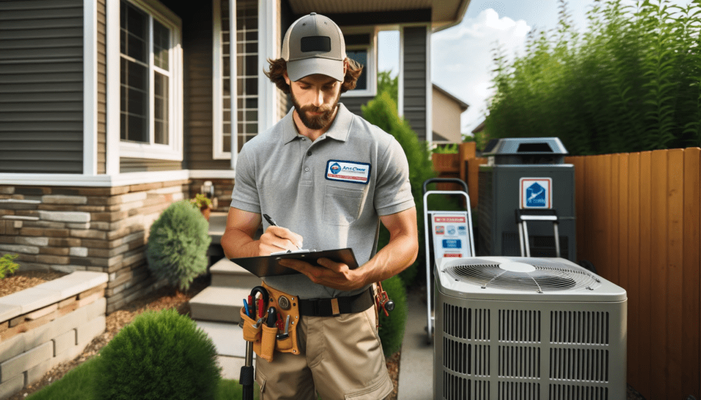 A professional HVAC technician stands outdoors near a residential building. The technician, dressed in work attire including a cap, a polo shirt 