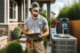 A professional HVAC technician stands outdoors near a residential building. The technician, dressed in work attire including a cap, a polo shirt with Landscape version